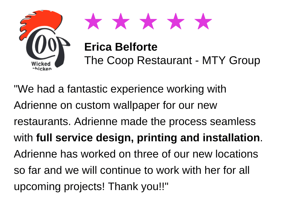 Custom wallpaper printing review from The Coop Restaurant Hamilton for About Murals