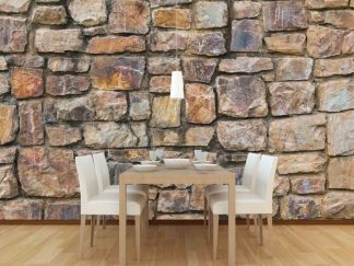 Beige Stone Wallpaper, as seen on the wall of this dining room, is a photo mural of brown stacked stones from About Murals.