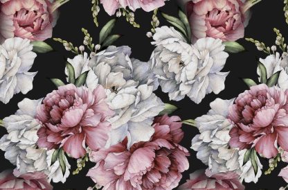 Black and Pink Floral Wallpaper is a flower mural with modern peonies on a dark background from About Murals.