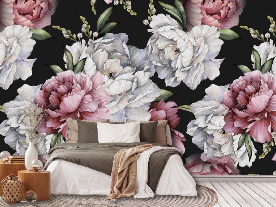 Black and Pink Floral Wallpaper, as seen on the wall of this bedroom, is a modern floral mural with large pink and white peonies on a black background from About Murals.