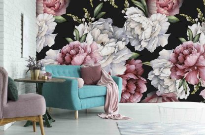 Black and Pink Floral Wallpaper, as seen on the wall of this living room, is a mural with large white and pink peony flowers on a dark background from About Murals.