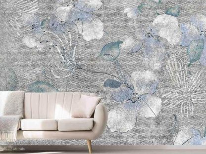 Blue Grey Floral Wallpaper, as seen on the wall of this living room, is a wall mural with flowers on a textured background from About Murals.