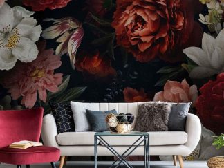 Dutch Floral Wallpaper, as seen on the wall of this living room, is a floral mural with large orange, pink and white flowers on a dark background from About Murals.