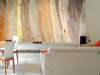 Eucalyptus Tree Bark Wallpaper, as seen on the wall of this living room, is a photo mural of textured bark from About Murals.