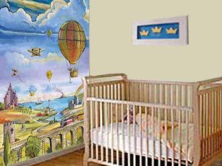 Hot Air Balloon Wall Mural, as seen on the wall of this nursery, is a kids wallpaper with hot air balloons floating over a castle from About Murals.