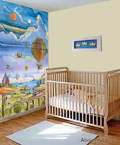 Hot Air Balloon Wall Mural, as seen on the wall of this nursery, is a kids wallpaper with hot air balloons floating over a castle from About Murals.