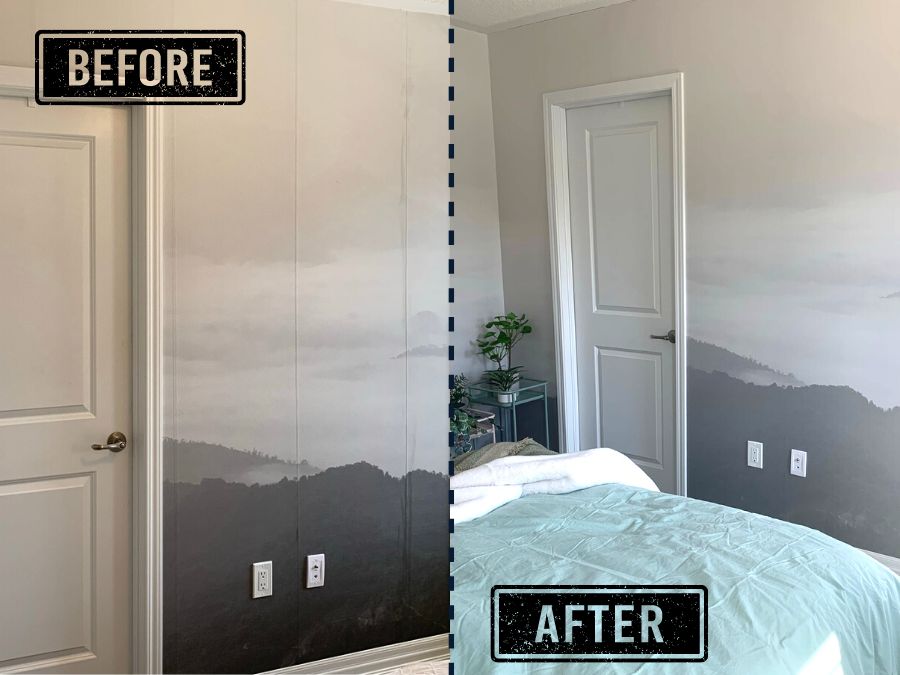 Double cut wallpaper installation - before and after photo from About Murals.