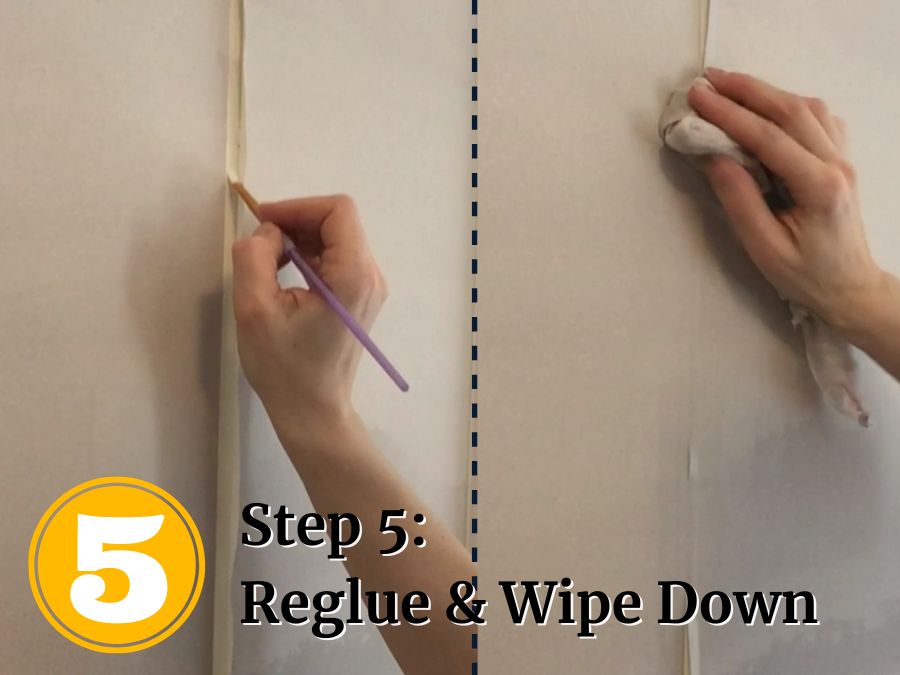 Fix Overlapping Wallpaper Seams Step 5 - add wallpaper adhesive to the wall and gently wipe wallpaper smooth onto the wall