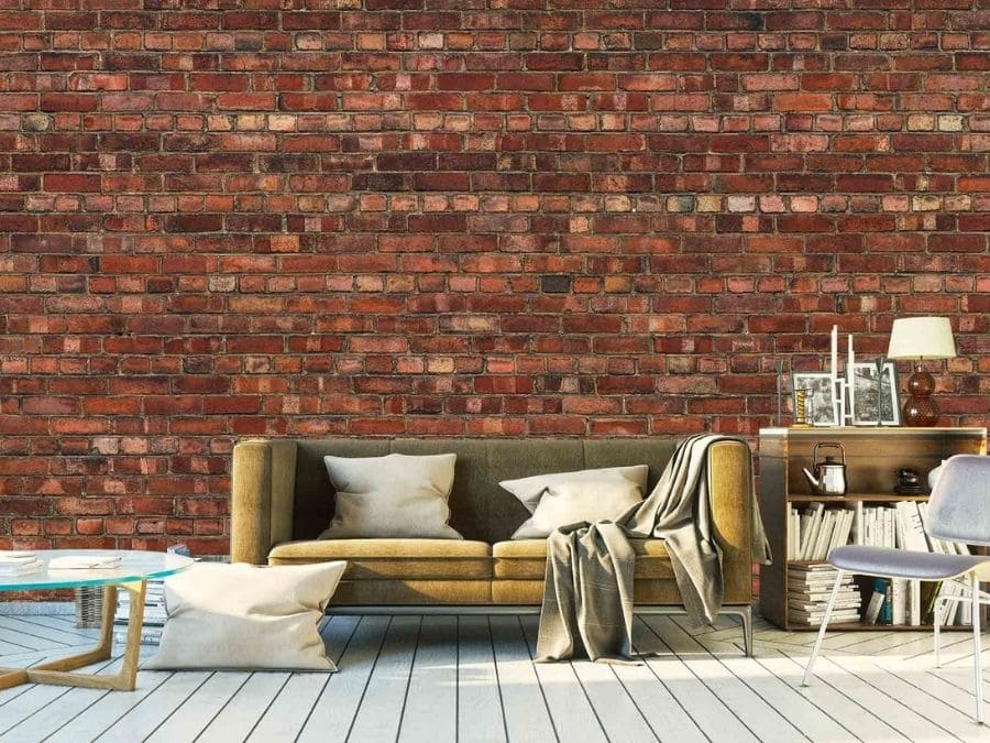 Shop faux wallpaper murals, like this brick wallpaper in a living room, from About Murals.