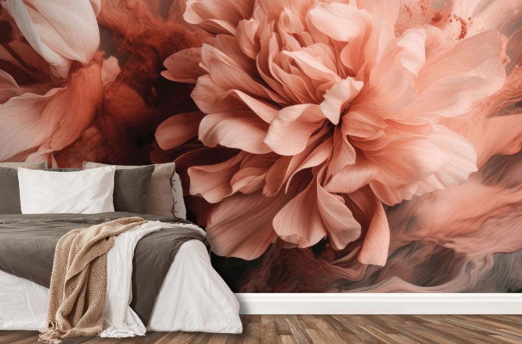 Coral Peony Wallpaper, as seen on the wall of this bedroom, is a wall mural of large peony flowers from About Murals.