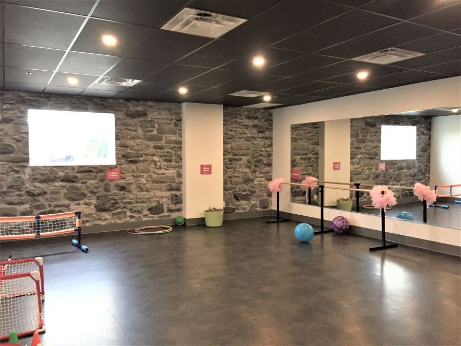 Indoor play space business, with a ballet barre and sports equipment, decorated with grey stone wallpaper from About Murals.