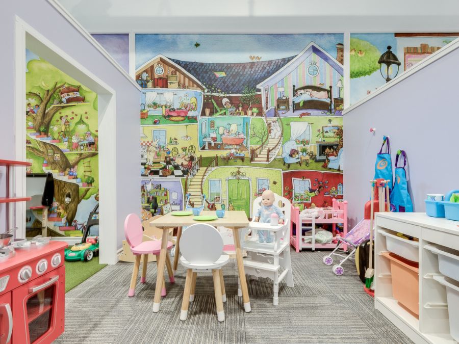 Indoor playground design company specializing in wallpaper murals, like this dollhouse mural from About Murals.