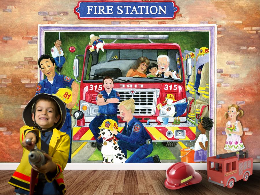 Indoor playground ideas, like this firefighter mural on the wall behind kids playing at a dramatic play fire station, sold by About Murals.