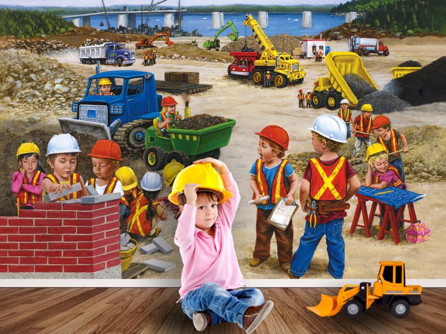 Starting an indoor playground business using gender neutral wallpaper, like this construction mural with girls and boys, is easy with these 33 indoor playground wallpaper mural ideas.