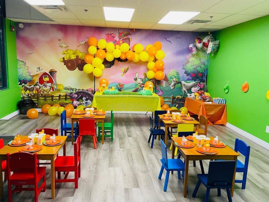 Themed party rooms, like this farm themed birthday party, are important when planning your indoor playground business ideas.
