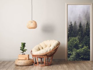 Door wallpaper, like this beautiful nature mural, is a simple way to decorate a living room.